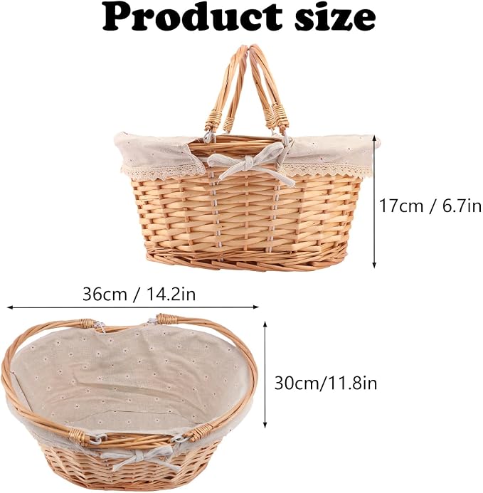 Natural Wicker Basket with Linen Lining, 14 Inch Large Wicker Woven Picnic - Image 2