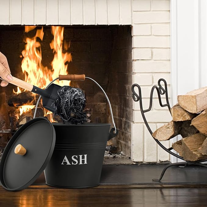 Ash Bucket with Lid Shovel and Hand Broom, 1.5 Gallon Fireplace Metal Bucket - Image 3