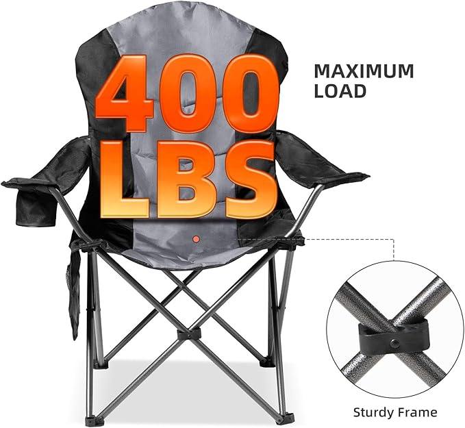 Folding Camping Chairs 2-Pack, Black and Gray, 400 lb Capacity