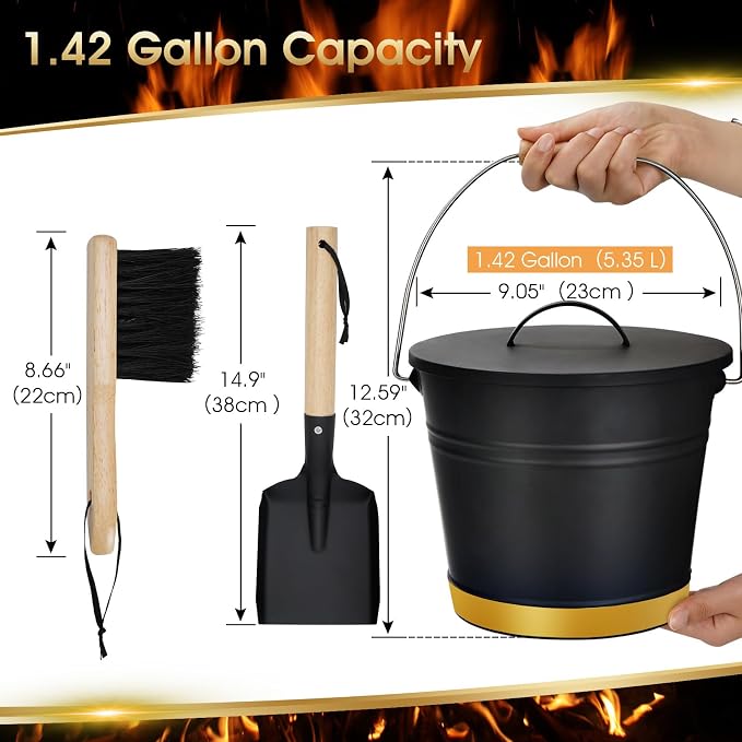 Mini Ash Bucket with Lid, Shovel & Hand Broom, Galvanized Steel Metal Charcoal - Image 3
