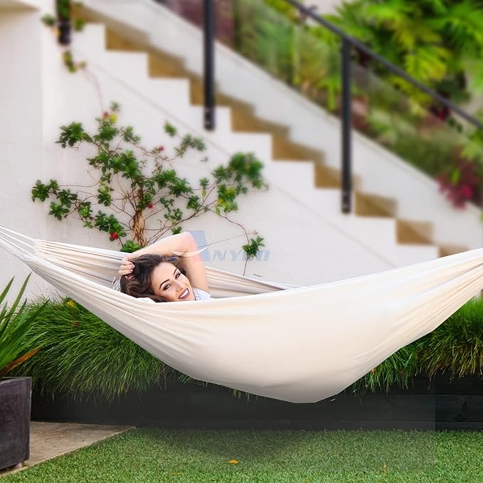 Hammock in White Cotton, Portable Camping Hammock with Anti-Rollover Design
