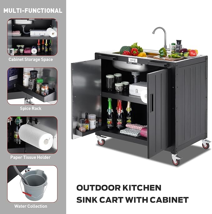 Freestanding Grill Cart with Sink and Cabinet, Movable Outdoor Cart Table with - Image 4