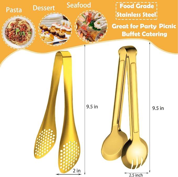 Tongs Set of 4, 9.5 Inch Gold Stainless Steel Food-Grade Serving Tongs