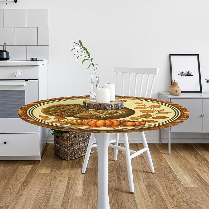 Thanksgiving Vintage Turkey Round Table Cloth Cover, Elastic Edge Waterproof - Image 6