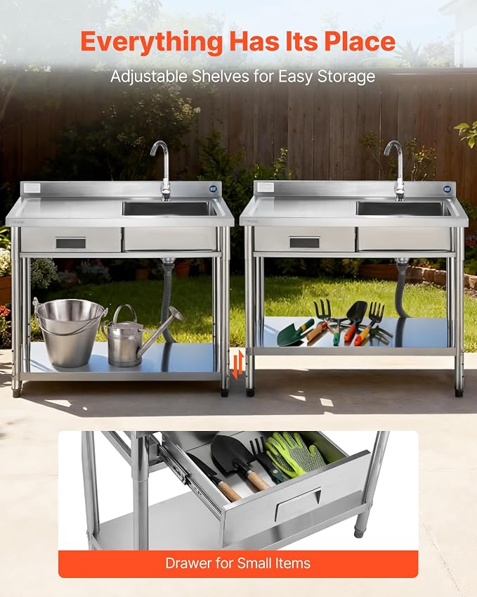 VEVOR Stainless Steel Utility Sink, Free Standing Single Bowl Commercial - Image 3