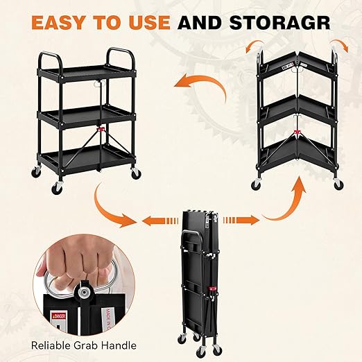 DUMOS 3-Tier Foldable Utility Cart Set of 2, Collapsible Service Cart - Image 5