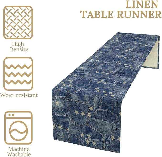 Patchwork Table Runner, Vintage Romance Jeans Pentagram Splicing Print Table - Image 6