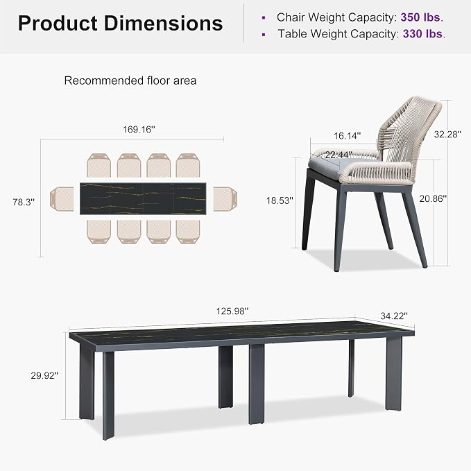 PURPLE LEAF 11 Pieces Patio Dining Set Aluminum Rectangular Table and Wicker - Image 9