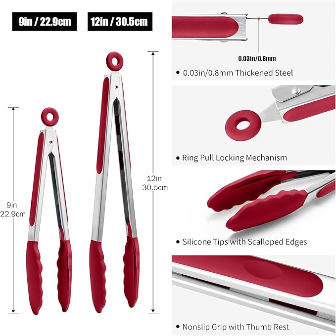 Tongs with Silicone Tips, Red 18/8 Stainless Steel, Heat Resistant to 600°F