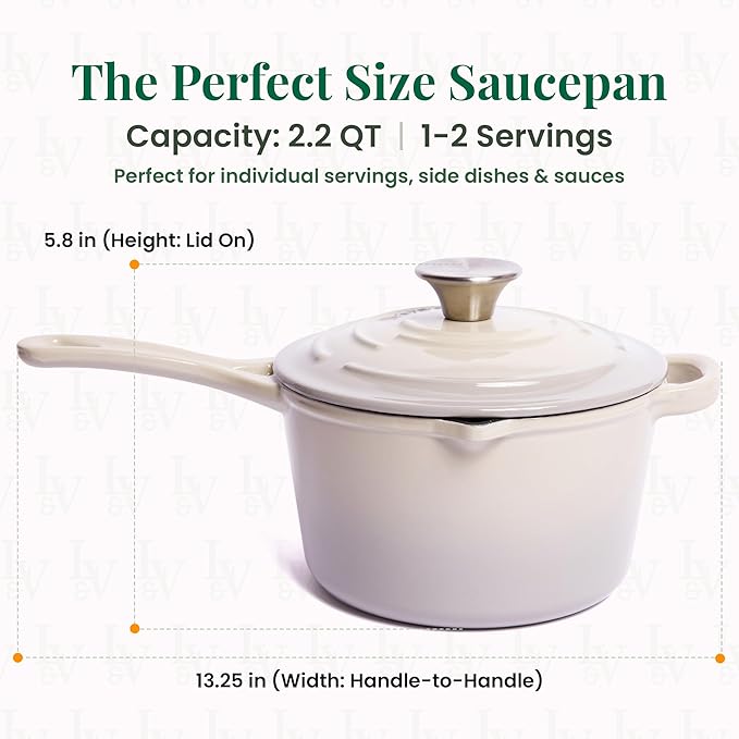 Saucepan with Lid, 2.2 Quart Enameled Cast Iron, Stone Finish