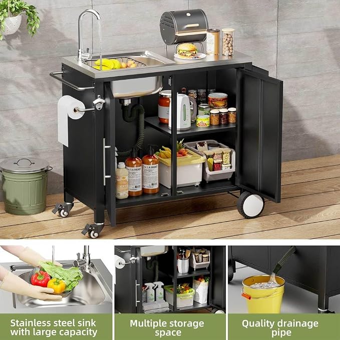 Outdoor Grill Cart with Storage, Movable Prep Cart with 304 Stainless Steel - Image 5