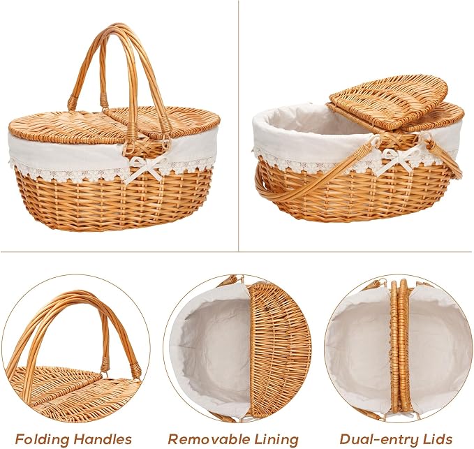 Wicker Picnic Basket with Removable Liner, Empty Picnic Baskets with Lid - Image 4