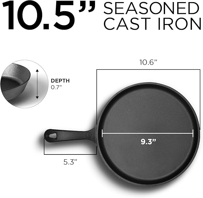 Griddle, 10.5-Inch Round Cast Iron Pre-Seasoned, Black
