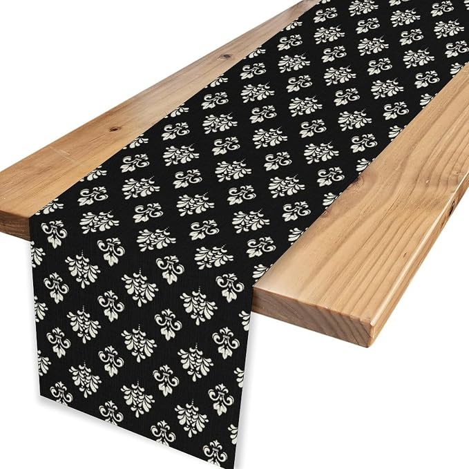 Damask Table Runner, Antique Gothic Black Floral Boho Flower Pattern Rustic - Image 4