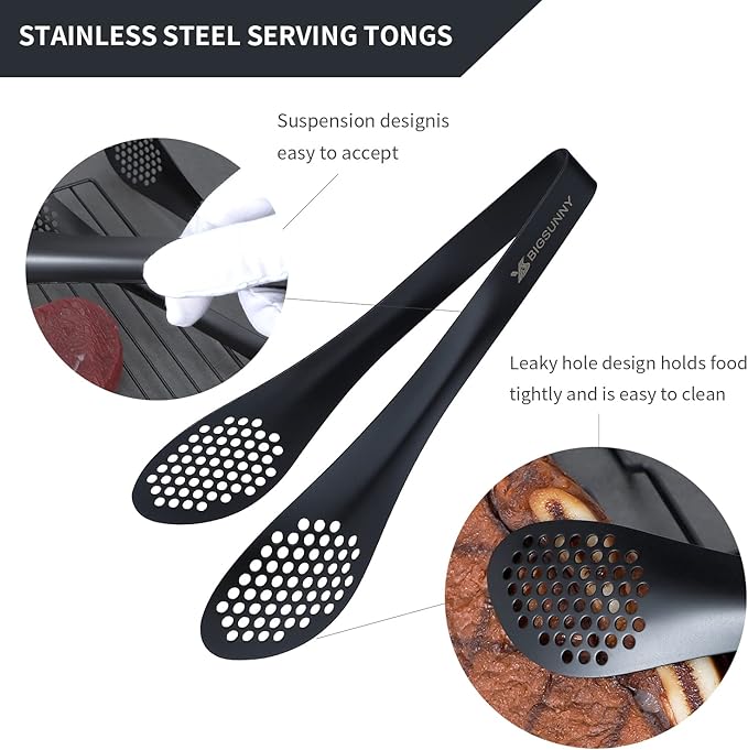 Tongs, 9-Inch Black 304 Stainless Steel Buffet Tongs