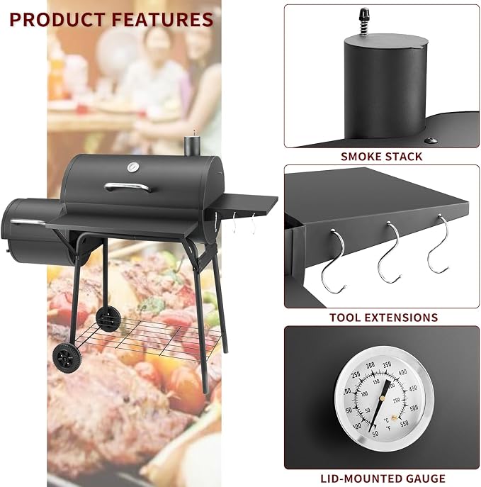 Charcoal Grill with Offset Smoker, BBQ Grills with Side Table, Outdoor Cooking - Image 3