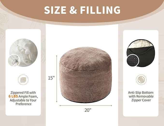 Round Pouf Ottoman for Living Room 20"x15" Bean Bag Ottoman Soft Top - Image 2