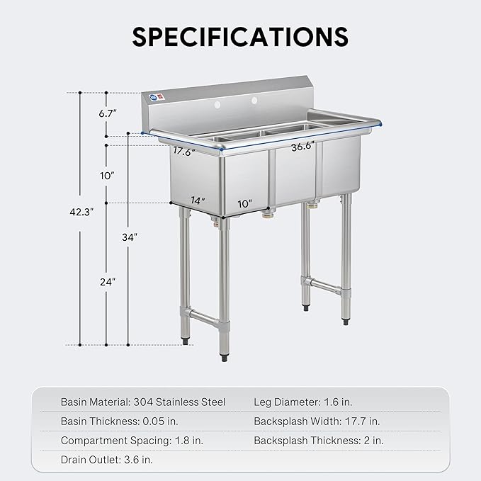 WILPREP 3-Compartment Sink, Freestanding Triple Bowl Utility Sink, Work Station - Image 8