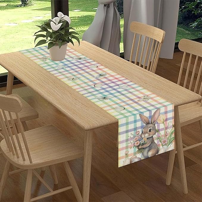 Happy Easter Table Runner, Rustic Watercolor Bunny Flowers Butterflies Eggs - Image 3