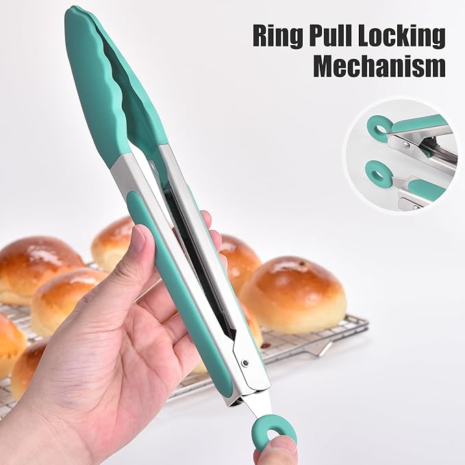 Stainless Steel Locking Kitchen Tongs with Silicone Tips, Aqua Sky