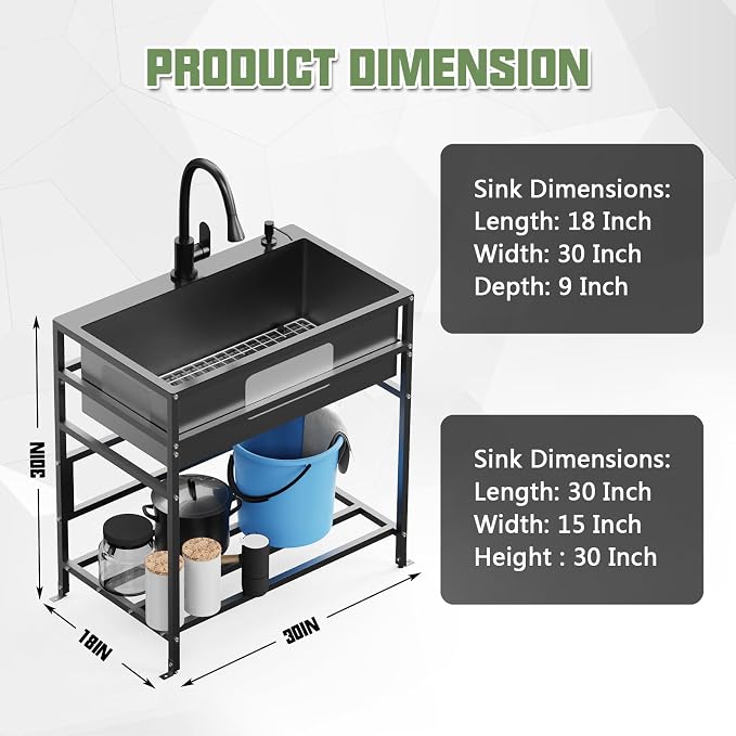 Black 30x18 Inch Freestanding Utility Sink-Stainless Steel Laundry Sink - Image 5