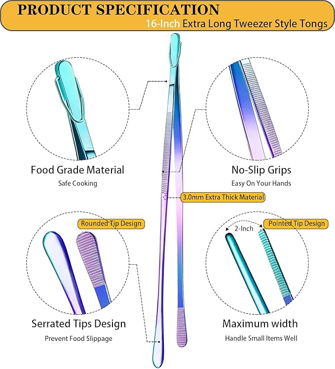 Tongs 16-Inch Stainless Steel Fine-Tip Pair in Rainbow Finish