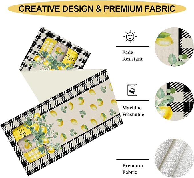 Lemon Table Runner, Farmhouse Black Buffalo Plaid Seasonal Summer Spring Fruits - Image 4