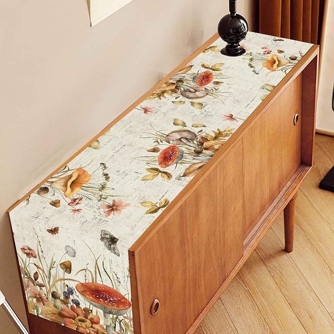 Mushroom Table Runner, Rustic Farmhouse Wildfloral Fall Autumn Leaves - Image 3