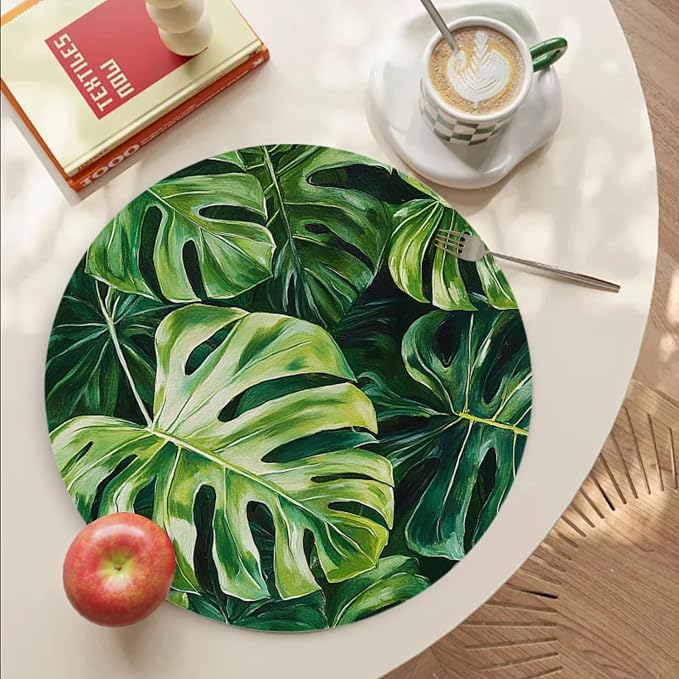 Faux Leather Placemats Set of 4, Tropical Green Leaves Ding Table Round - Image 4