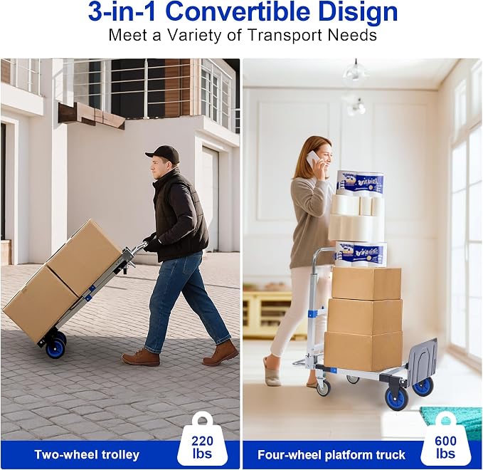 Upgraded 3 in 1 Aluminum Folding Hand Truck, 600lbs Capacity, Heavy Duty - Image 3