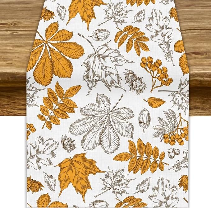 Autumn Maple Leaf Table Runner, Vintage Fall Orange Brown Nature Botanical by JanJCurt