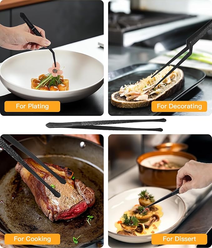 Tongs for Plating, Black Stainless Steel Culinary Tweezers, 10-Inch