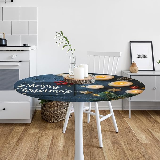 Merry Christmas Candle Star Round Table Cloth Cover, Elastic Edge Waterproof - Image 6