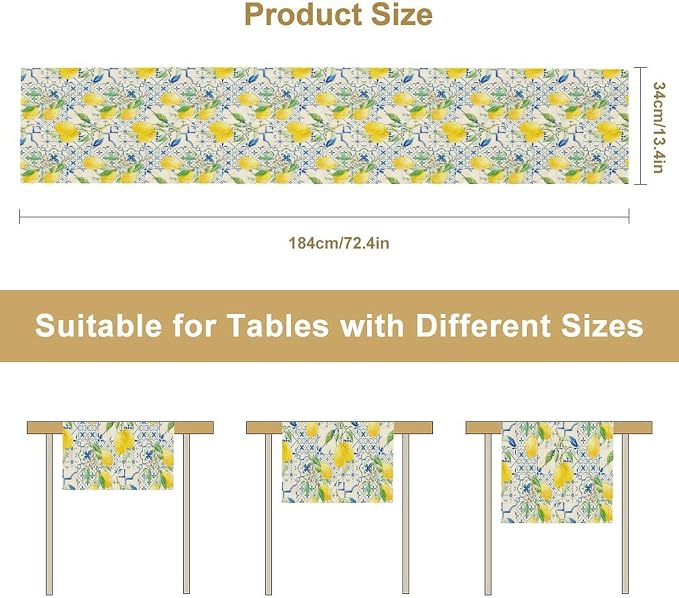 Lemon Table Runner, Summer Fruit Vintage Morocco Blue Tiles Table Runners - Image 7
