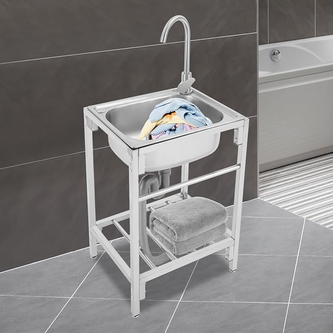 Stainless Steel Utility Sink Single Bowl Freestanding Laundry Sink - Image 4