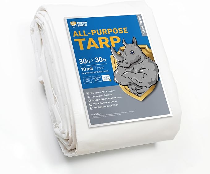 GUARD SHIELD Heavy Duty Tarp 30x30 Feet White Multi Purpose Thick Waterproof by GUARDSHIELD