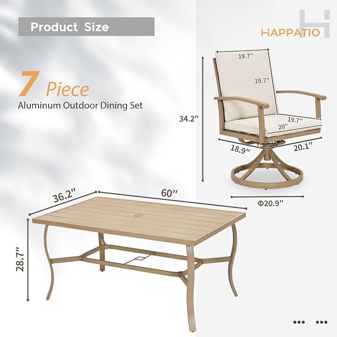 HAPPATIO 7 Piece Patio Swivel Dining Set, Aluminum Outdoor Dining Set - Image 9