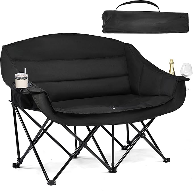 Camping Loveseat Chair for Two, Padded Black Folding Chair