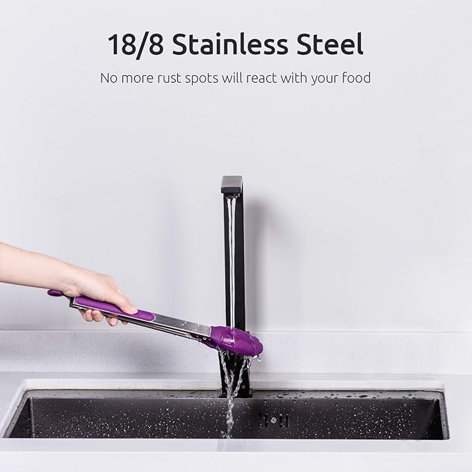Cooking Tongs with Silicone Tips, 7, 9 and 12 Inch Stainless Steel, Purple