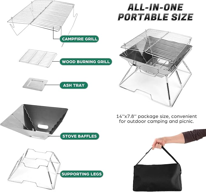 Odoland Folding Campfire Grill, 304 Stainless Steel Grate Barbeque Grill - Image 3