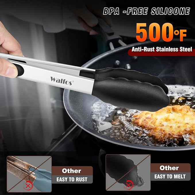 Tongs Set, 3-Piece Black Silicone Tip with 7, 9 and 12 Inch Lengths