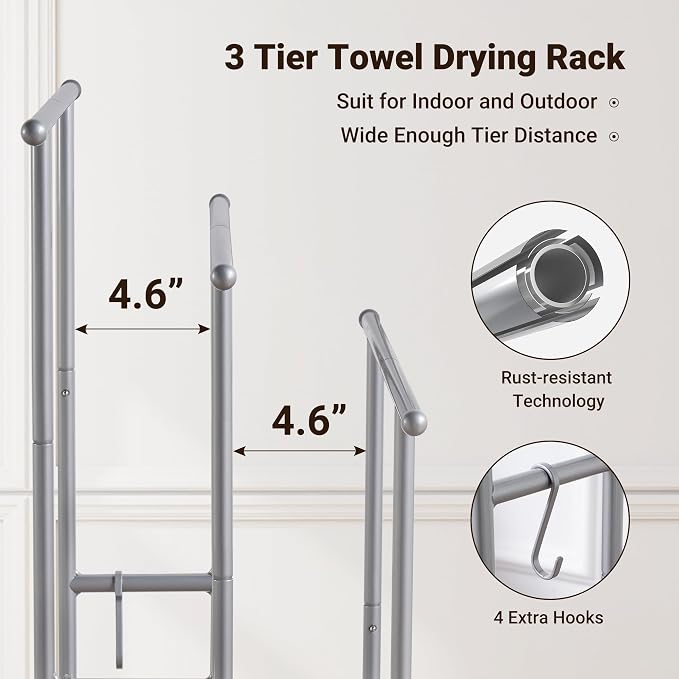 ELYKEN 3 Tier Standing Towel Rack, Freestanding Floor Towel Rack - Image 4