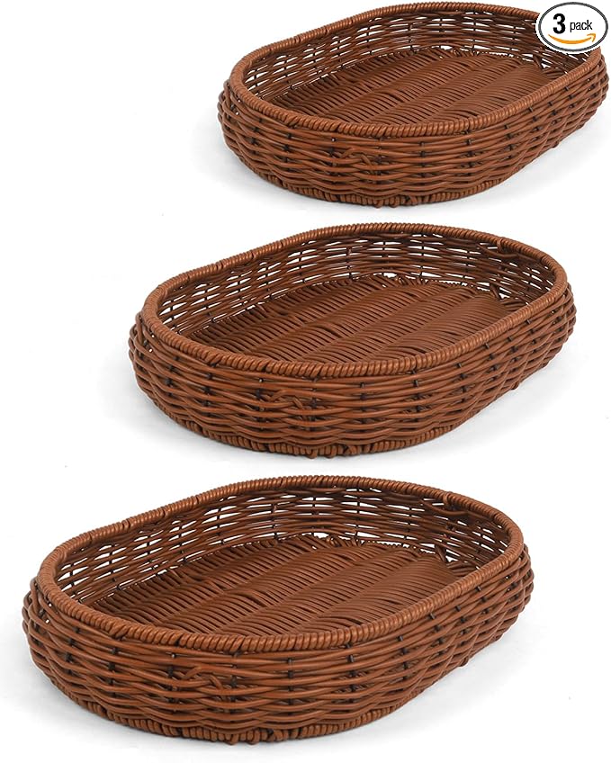 Woven Bread Basket, 3 Pack Wicker Fruit Baskets Rattan Bread Basket Poly Wicker by Unknown
