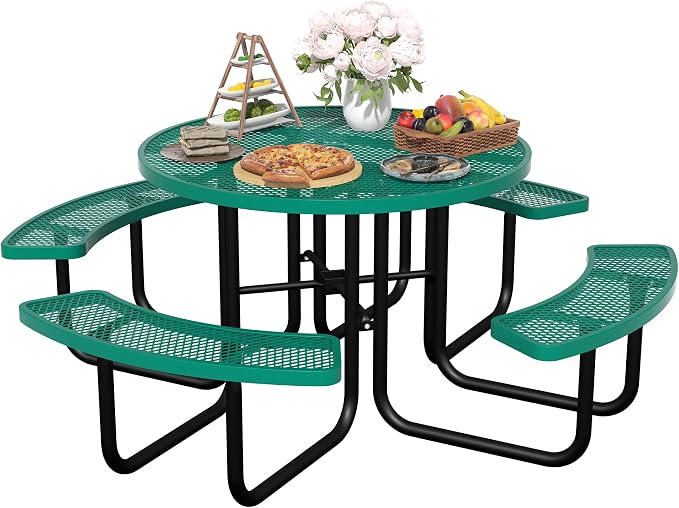 46'' Round Metal Picnic Table for Outdoors, Commercial Steel Metal Picnic Tables by MakeaGoodChoose