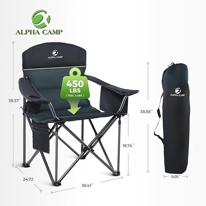 Folding Camping Chair, Green, 500 lb Capacity, Cooler Bag