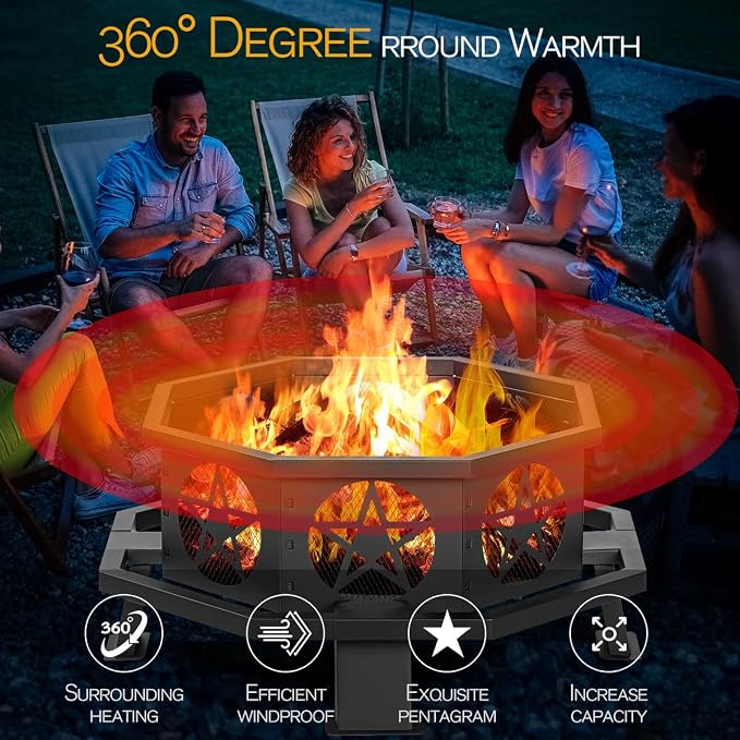 32 Inch Small Octagonal Fire Pit, Outdoor Wood Burning Fire Pits - Image 3