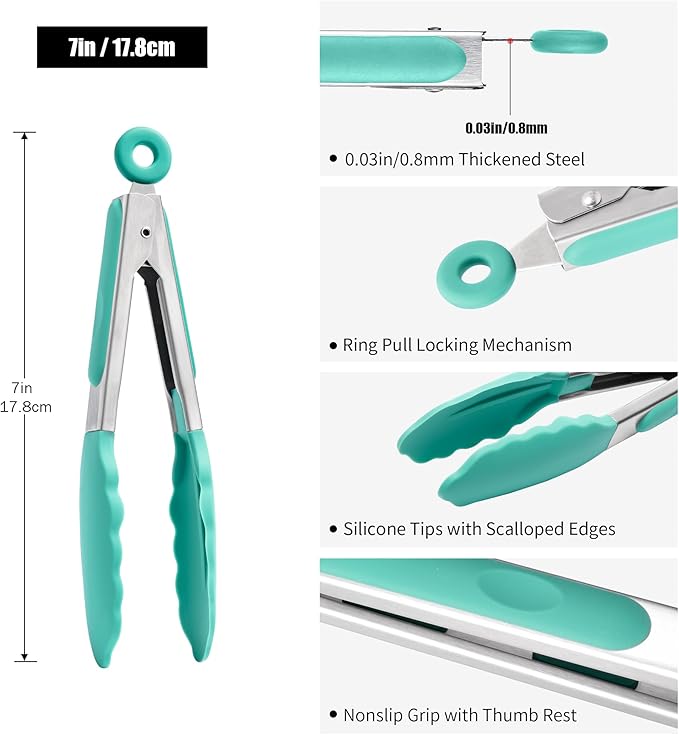 Tongs with Silicone Tips, 10.51-Inch Stainless Steel Locking Tongs, Aqua Sky