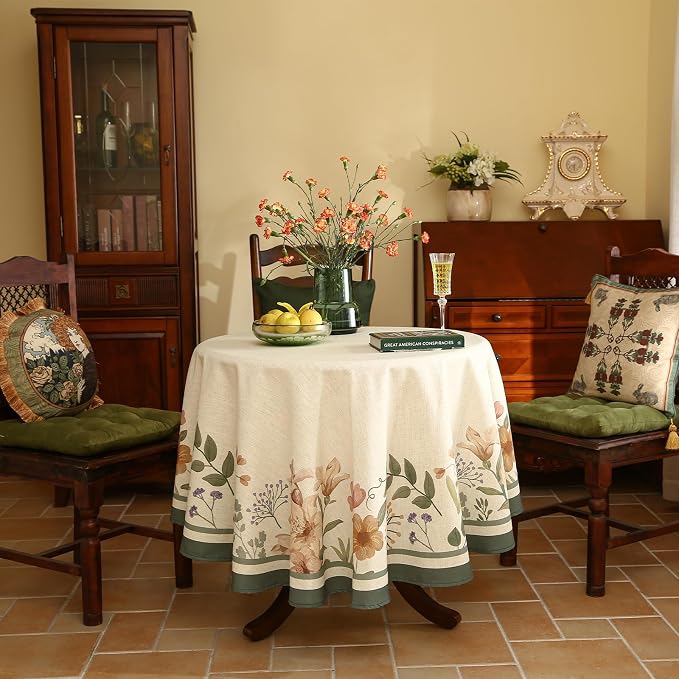 Designer Vintage French Small Round Tablecloth, Linen Shabby Chic Floral - Image 2