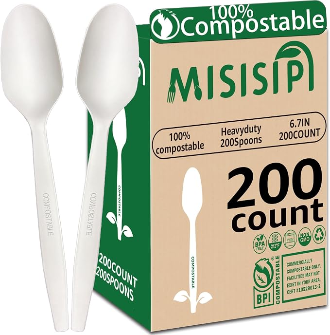MISISIPI 200Count 100% Compostable Spoons Biodegradable Spoon HeavyDuty No by MISISIPI