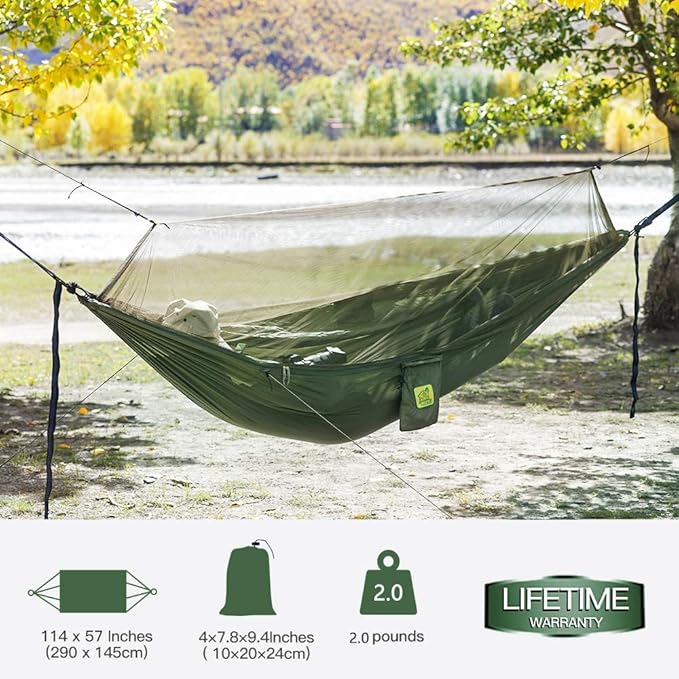 Hammock with Net and Rain Fly, Green Nylon, 500 lb Capacity